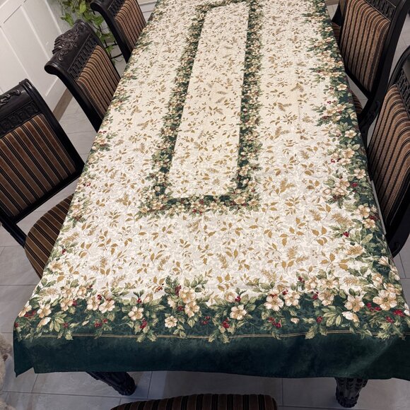 Other - Holiday Floral Tablecloth With Gold Accents & Green Border Rectangular Design El